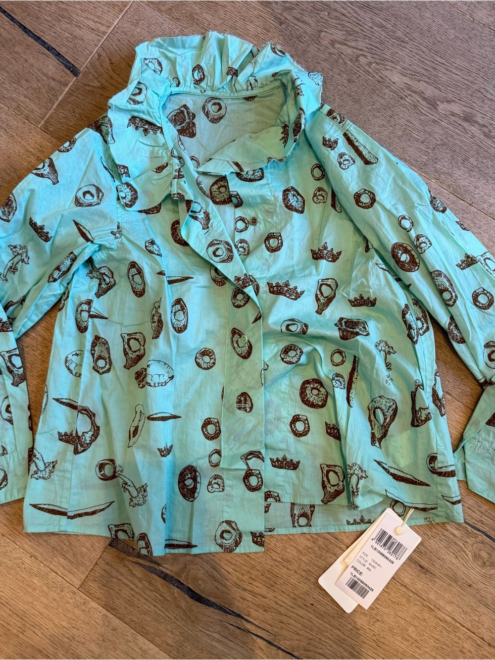 Girls' Mint green Ruffle Collar Blouse with Brown Print